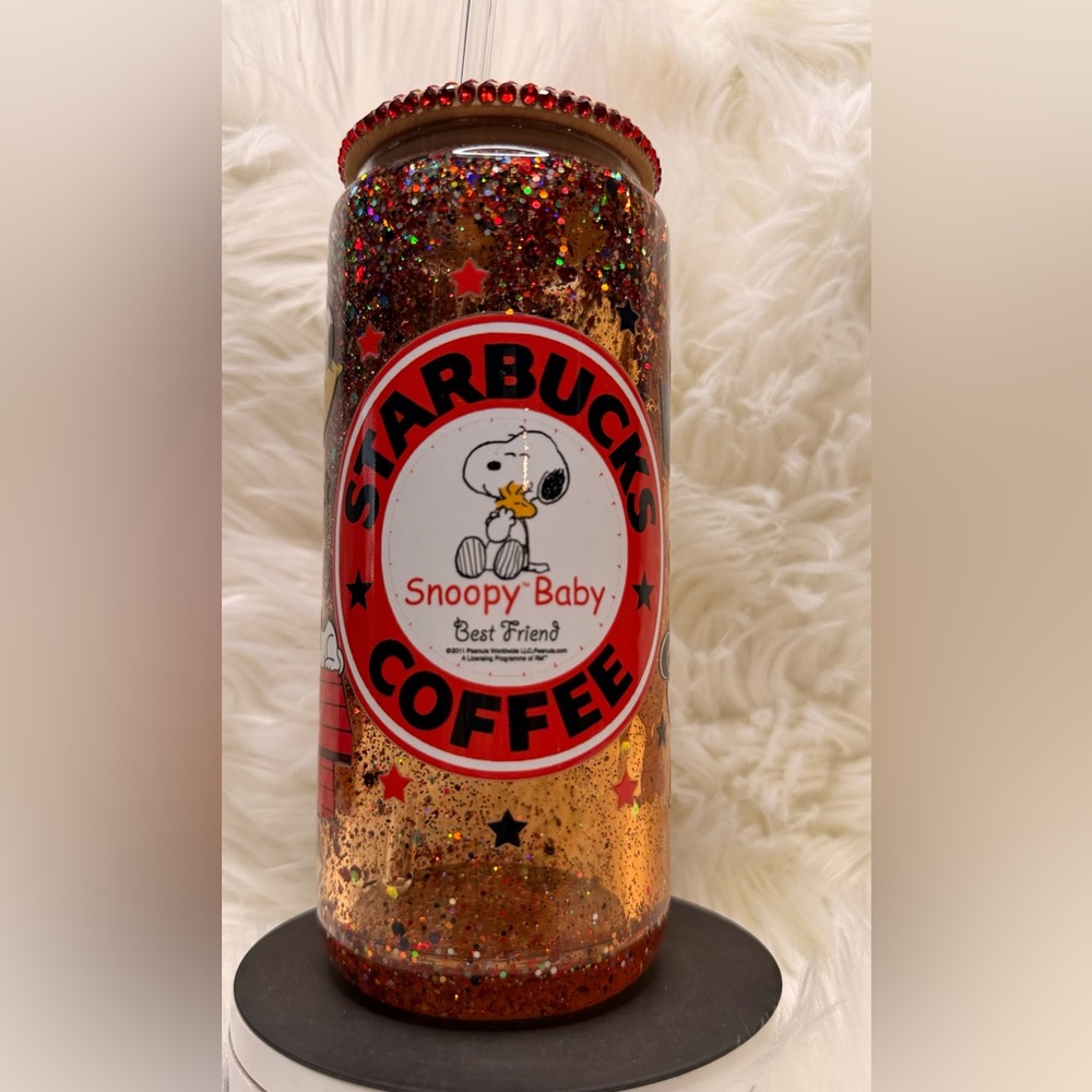 Starbucks Red & Gold Snoopy Baby Glitter Snowglobe